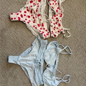 Frankie's Bikinis Cherry Print and Light Blue swimsuit Sets M top L bottom